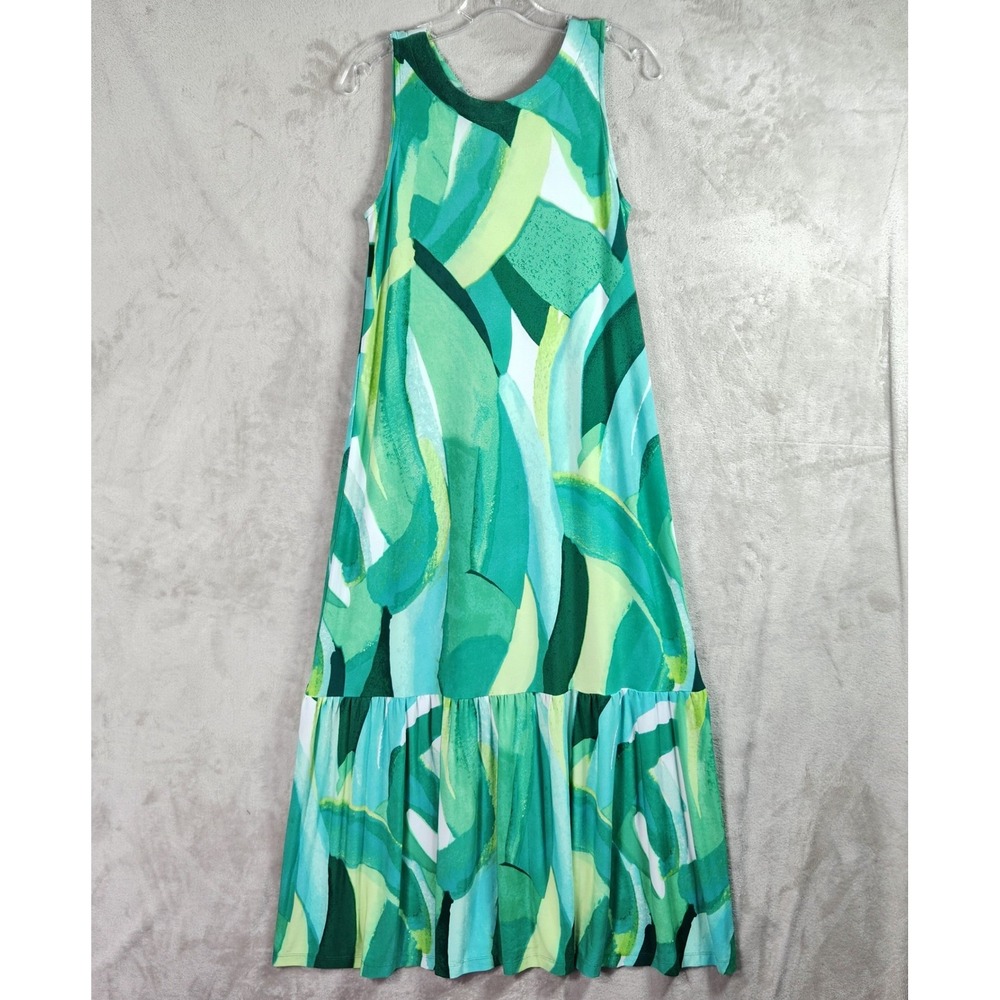 Susan Graver Maxi Dress Womens Small Petite Emerald Liquid Knit Back Tie A647471